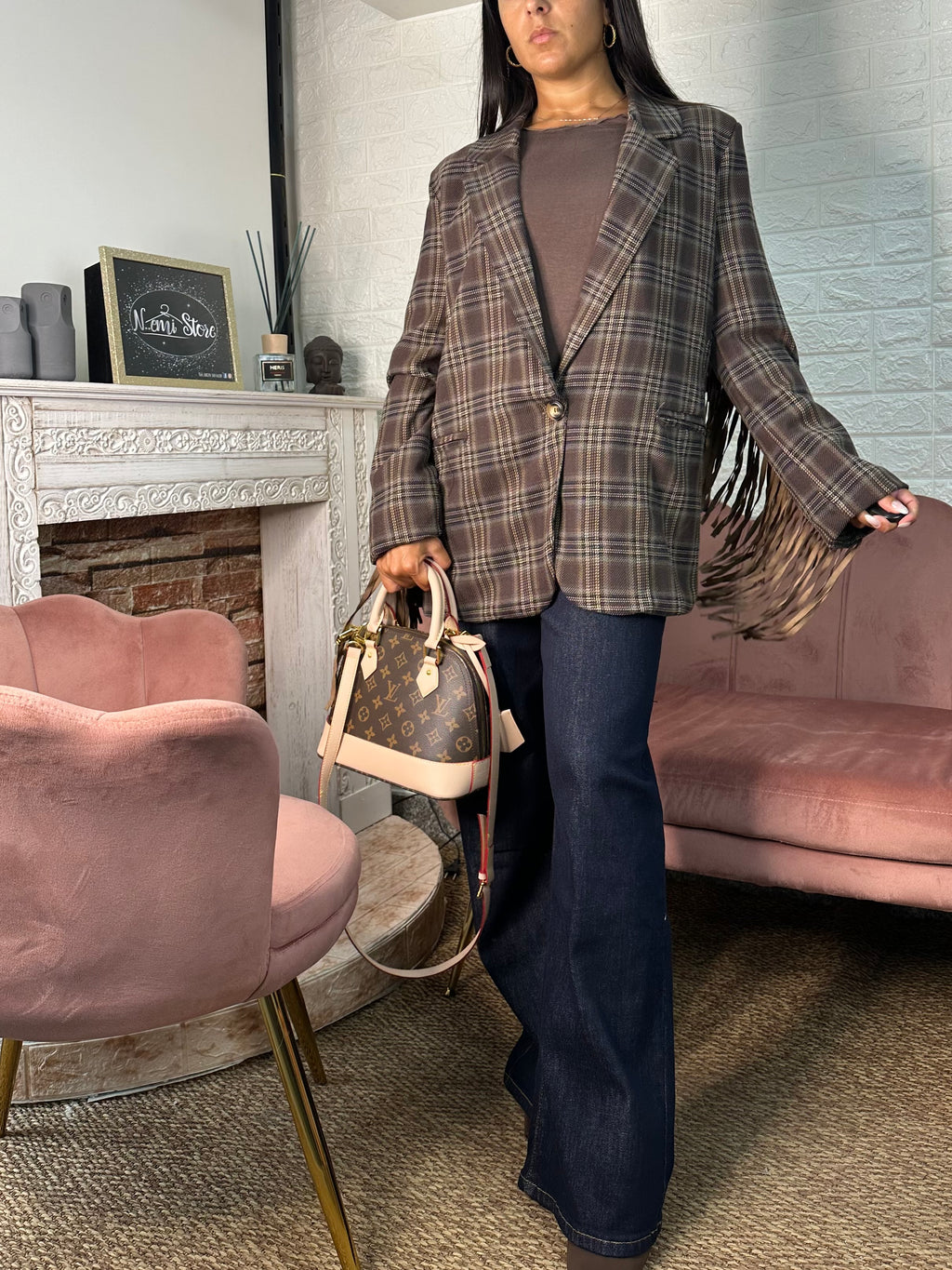 Blazer quadri frange