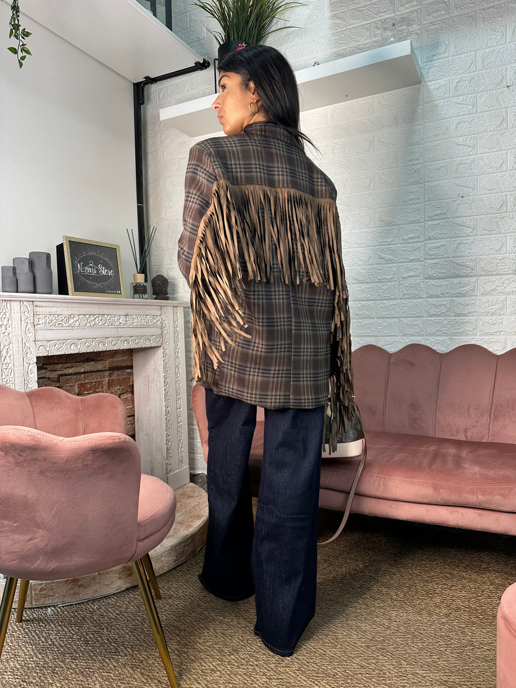 Blazer quadri frange