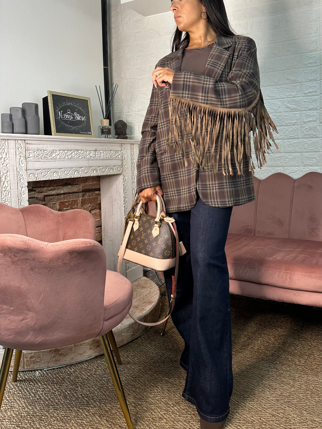 Blazer quadri frange